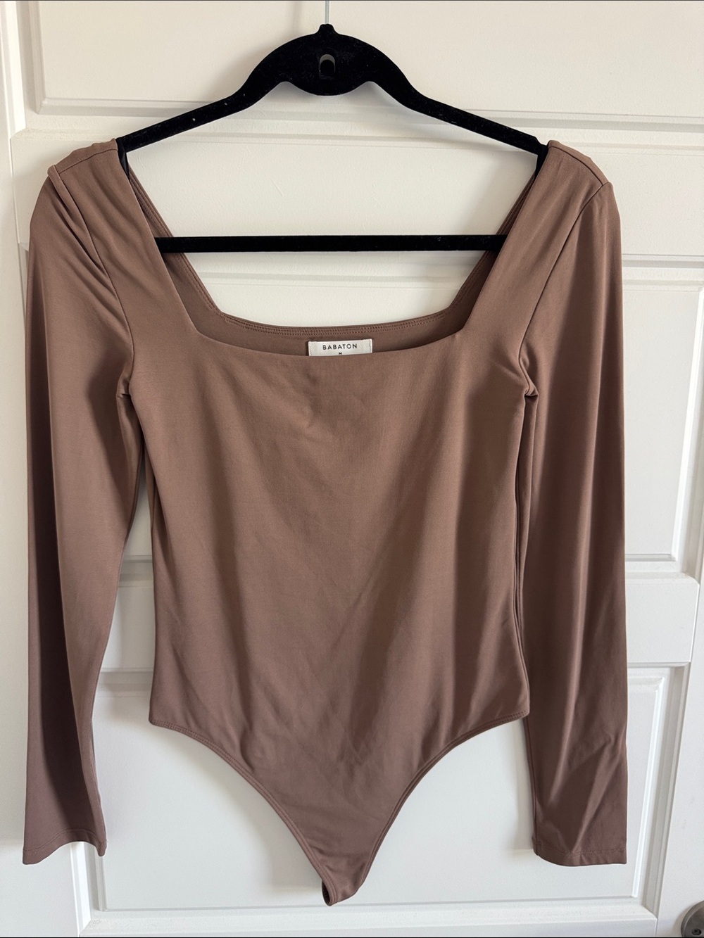 Babaton Ribbed Square-Neck Long Sleeve Bodysuit in Mauve